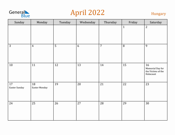 April 2022 Holiday Calendar with Sunday Start