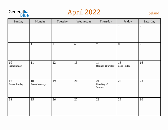 April 2022 Holiday Calendar with Sunday Start