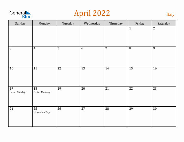 April 2022 Holiday Calendar with Sunday Start