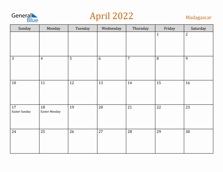 April 2022 Holiday Calendar with Sunday Start