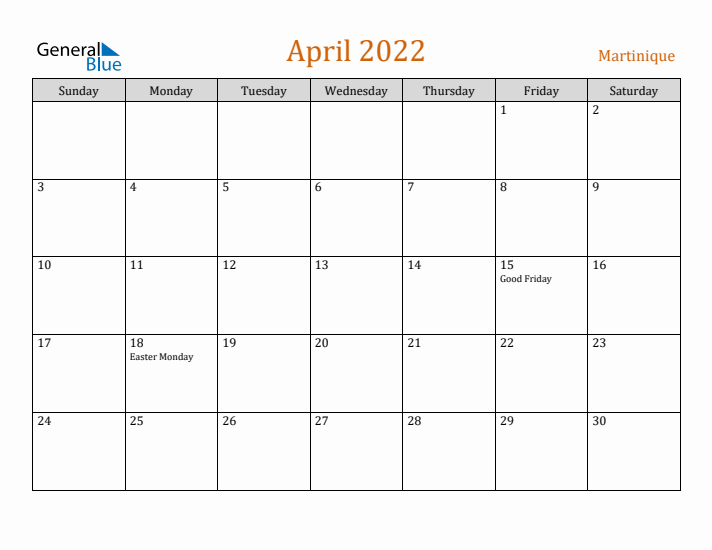 April 2022 Holiday Calendar with Sunday Start