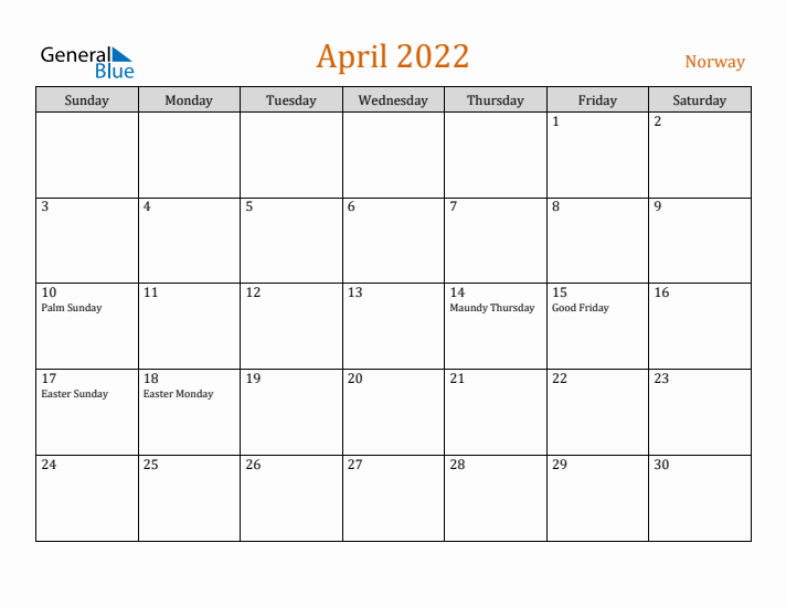 April 2022 Holiday Calendar with Sunday Start