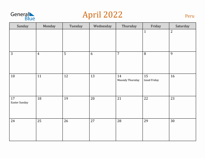 April 2022 Holiday Calendar with Sunday Start