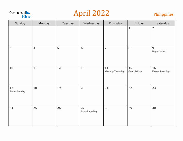 April 2022 Holiday Calendar with Sunday Start