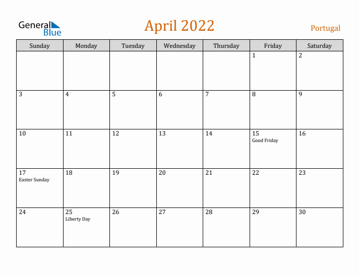 April 2022 Holiday Calendar with Sunday Start