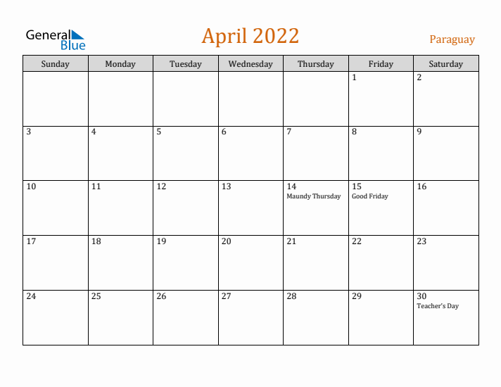 April 2022 Holiday Calendar with Sunday Start