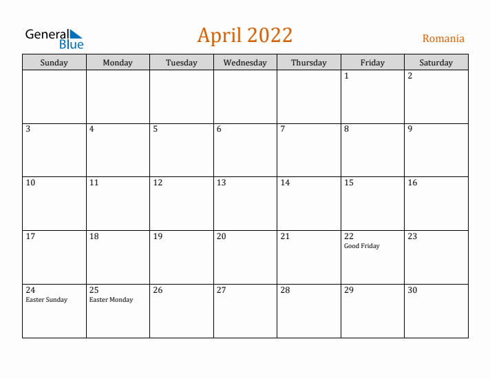 April 2022 Holiday Calendar with Sunday Start