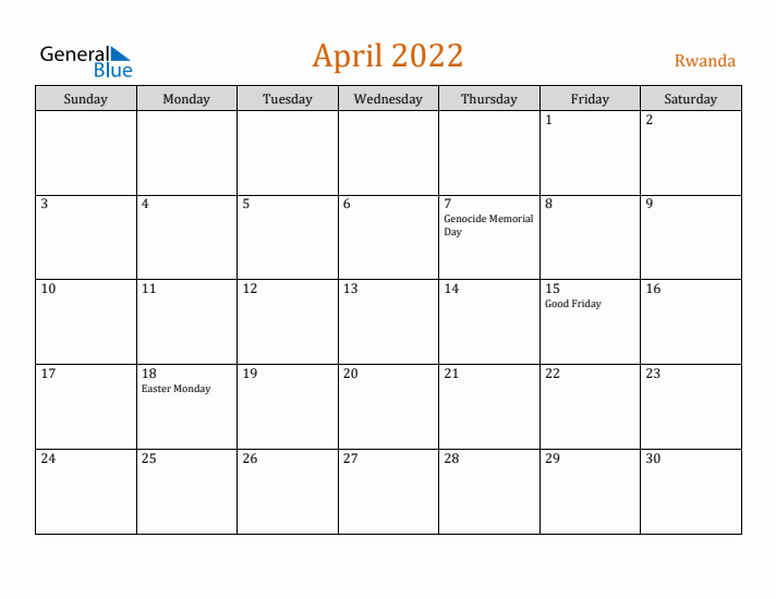 April 2022 Holiday Calendar with Sunday Start