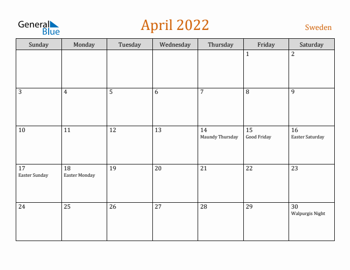 April 2022 Holiday Calendar with Sunday Start