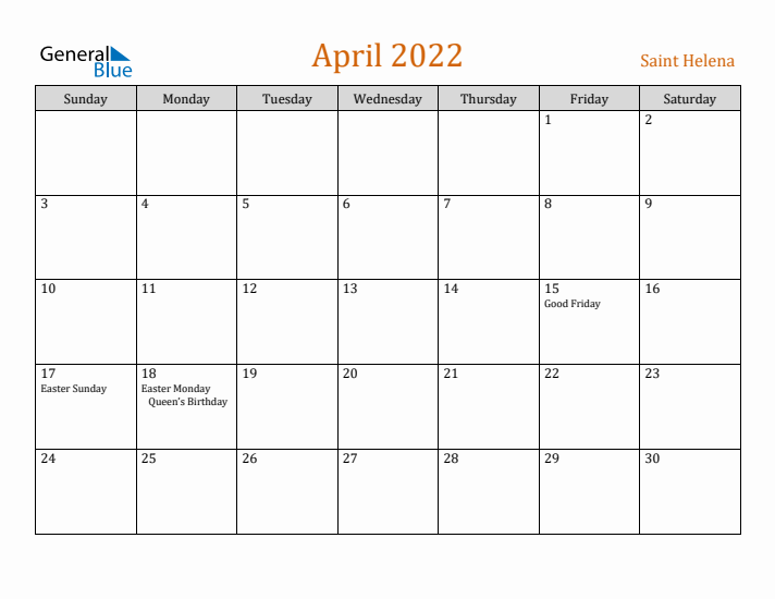 April 2022 Holiday Calendar with Sunday Start