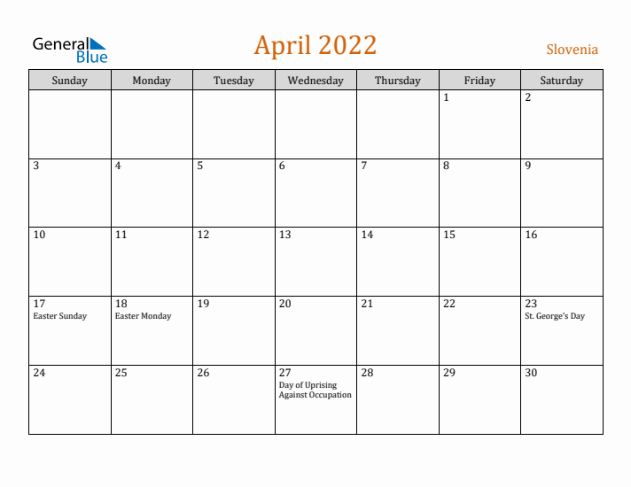 April 2022 Holiday Calendar with Sunday Start