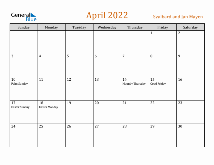 April 2022 Holiday Calendar with Sunday Start