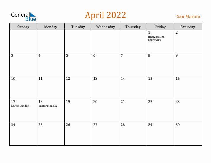 April 2022 Holiday Calendar with Sunday Start