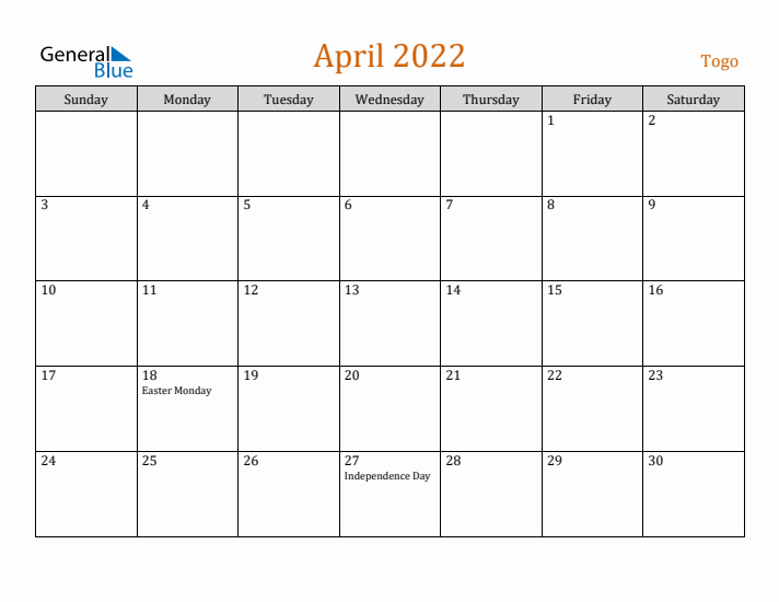 April 2022 Holiday Calendar with Sunday Start