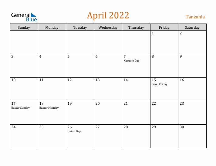 April 2022 Holiday Calendar with Sunday Start