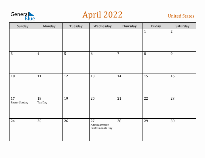 April 2022 Holiday Calendar with Sunday Start