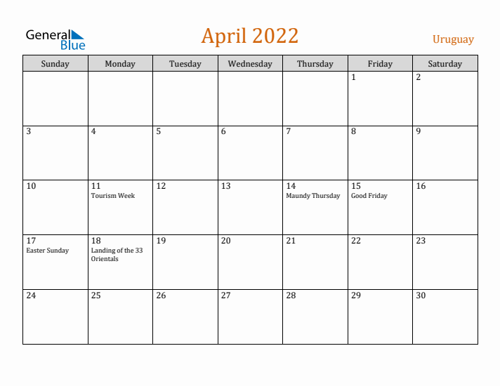 April 2022 Holiday Calendar with Sunday Start