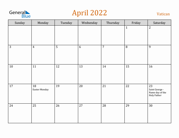 April 2022 Holiday Calendar with Sunday Start