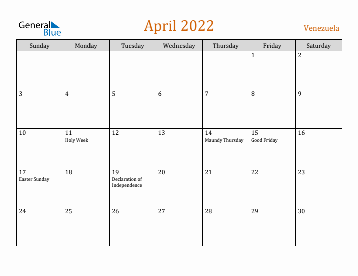 April 2022 Holiday Calendar with Sunday Start