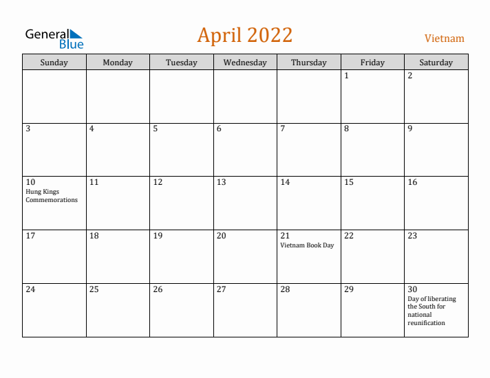 April 2022 Holiday Calendar with Sunday Start