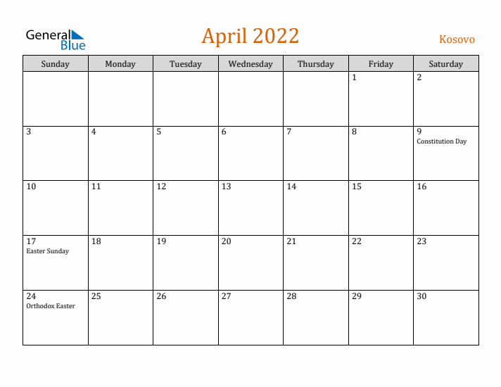 April 2022 Holiday Calendar with Sunday Start