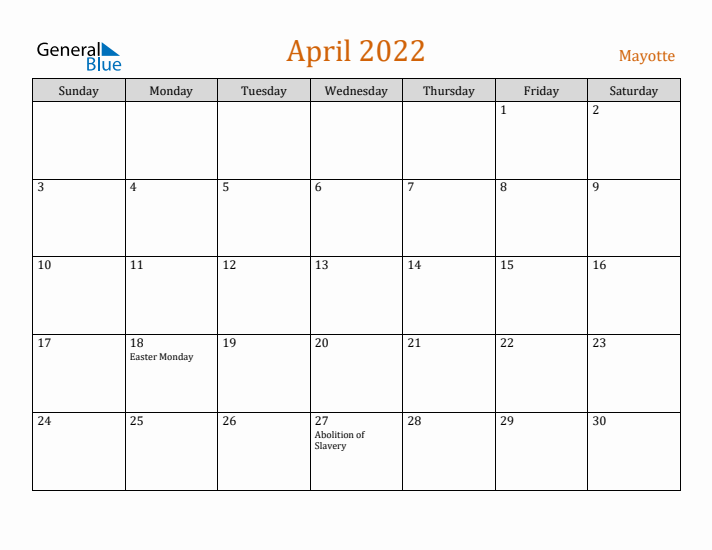 April 2022 Holiday Calendar with Sunday Start