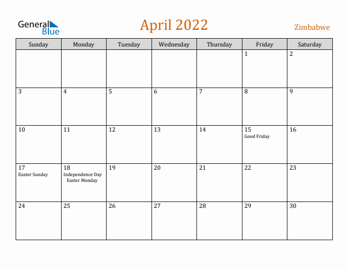 April 2022 Holiday Calendar with Sunday Start