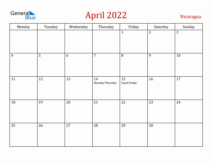 Nicaragua April 2022 Calendar - Monday Start