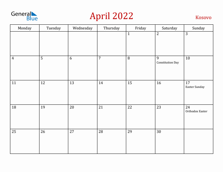 Kosovo April 2022 Calendar - Monday Start