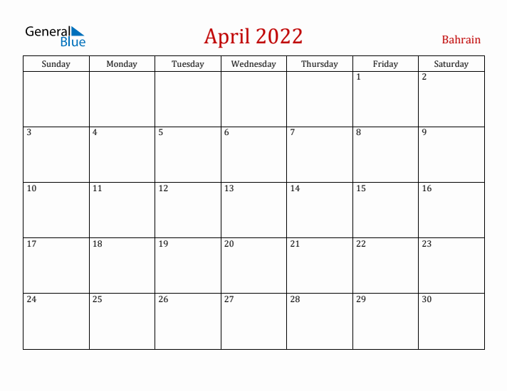 Bahrain April 2022 Calendar - Sunday Start