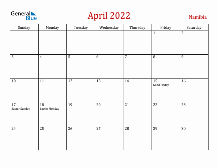 Namibia April 2022 Calendar - Sunday Start