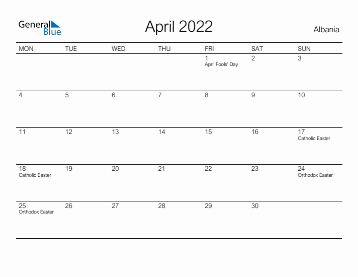 Printable April 2022 Calendar for Albania