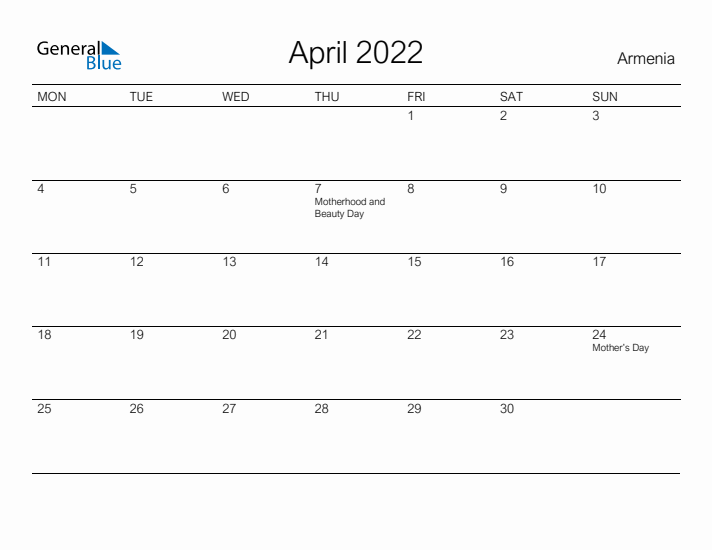 Printable April 2022 Calendar for Armenia