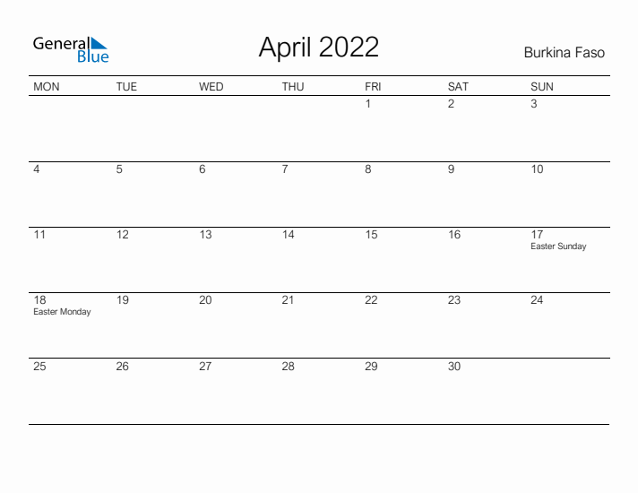 Printable April 2022 Calendar for Burkina Faso