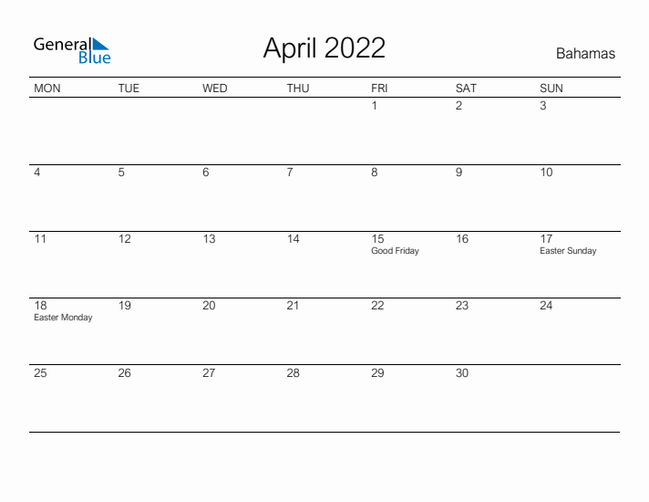 Printable April 2022 Calendar for Bahamas