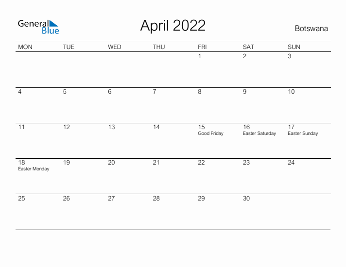 Printable April 2022 Calendar for Botswana