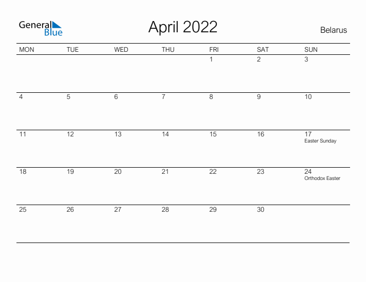 Printable April 2022 Calendar for Belarus