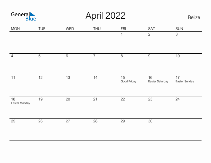 Printable April 2022 Calendar for Belize