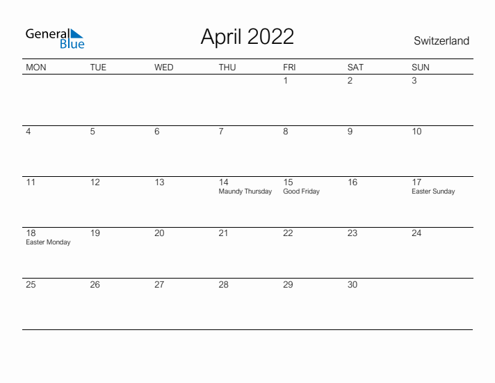 Printable April 2022 Calendar for Switzerland