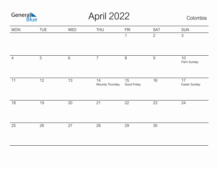 Printable April 2022 Calendar for Colombia