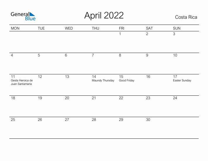 Printable April 2022 Calendar for Costa Rica