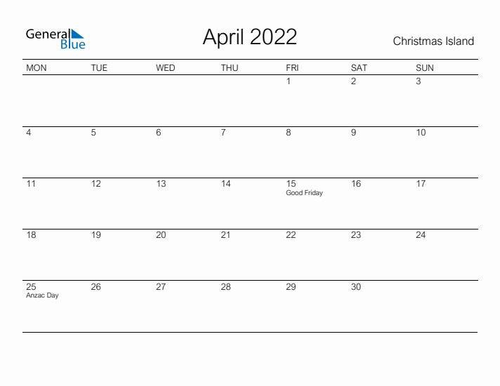 Printable April 2022 Calendar for Christmas Island