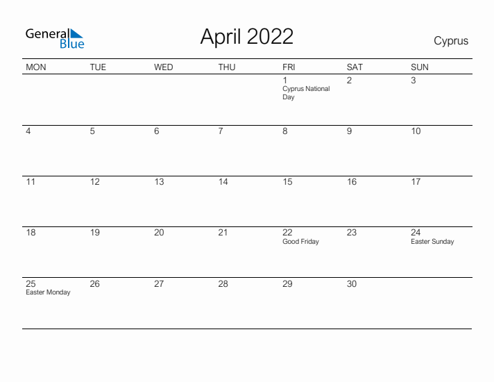 Printable April 2022 Calendar for Cyprus