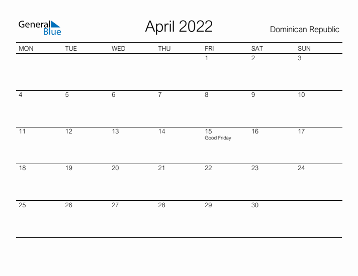 Printable April 2022 Calendar for Dominican Republic