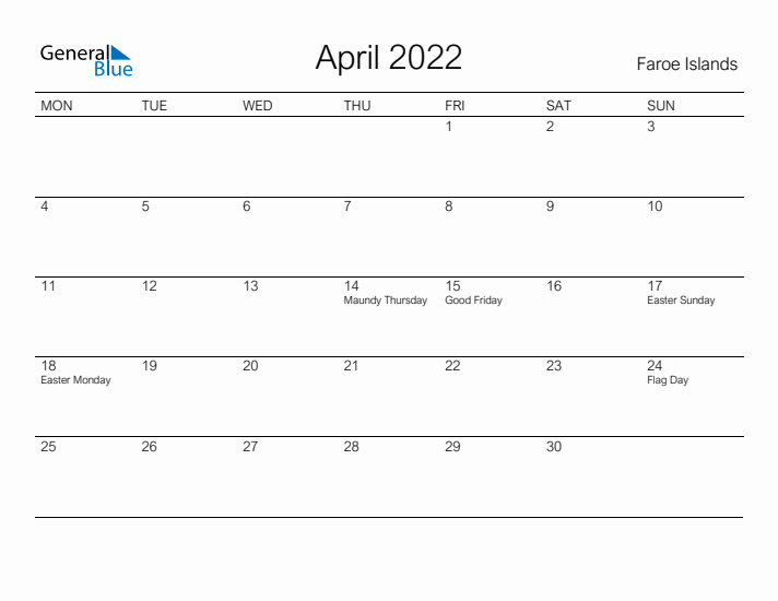 Printable April 2022 Calendar for Faroe Islands