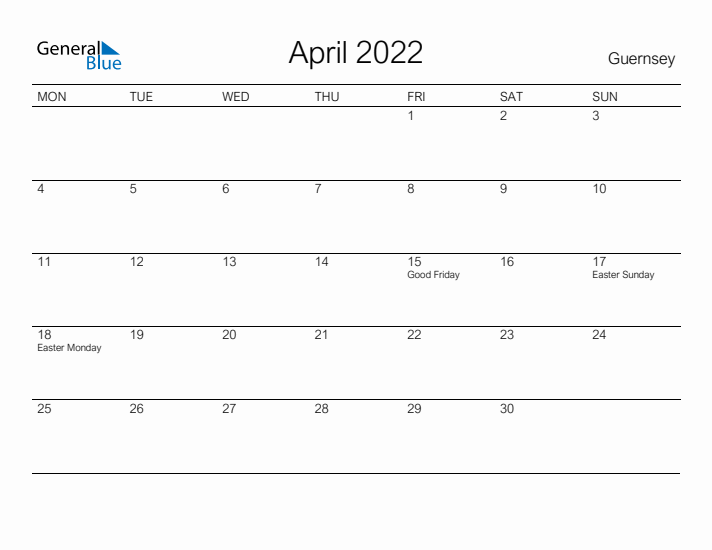 Printable April 2022 Calendar for Guernsey