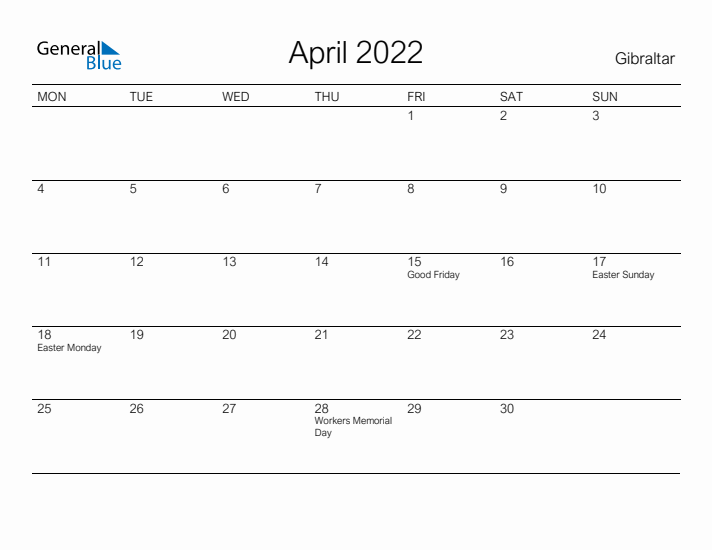 Printable April 2022 Calendar for Gibraltar