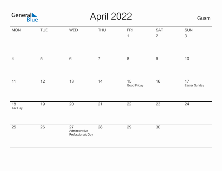 Printable April 2022 Calendar for Guam