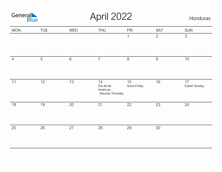 Printable April 2022 Calendar for Honduras