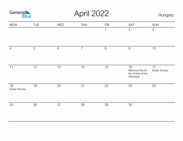 Printable April 2022 Calendar for Hungary